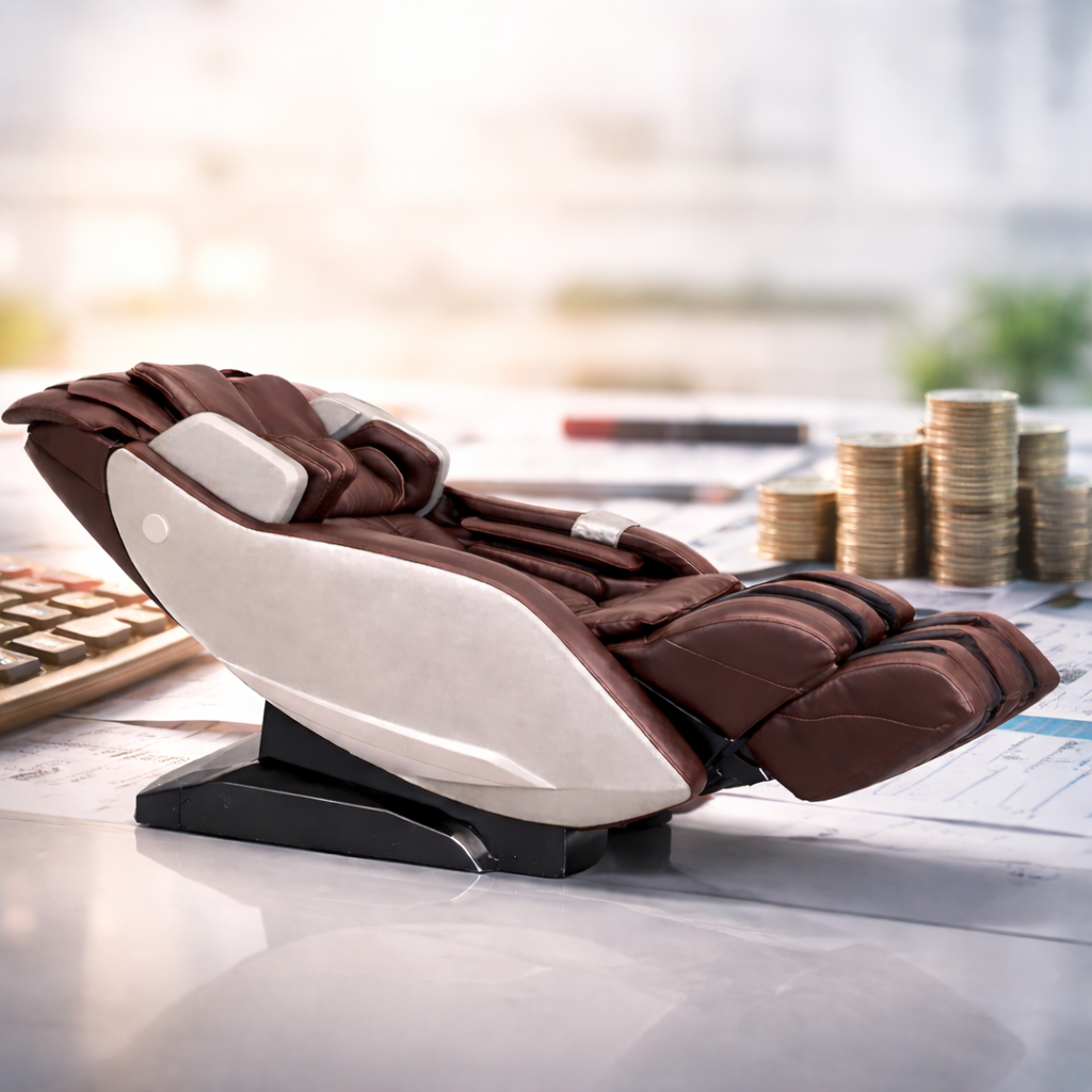 AlienComfort massagestoel ORION in moderne woonkamer, symbool voor een investering in ontspanning en financiële gezondheid.