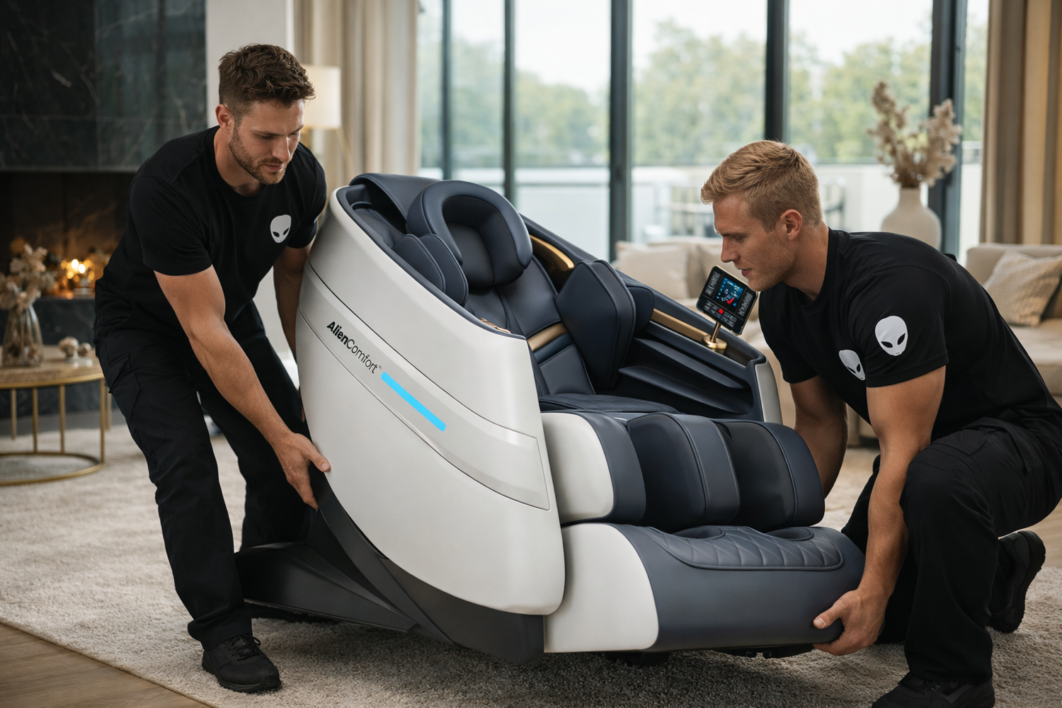 Premium levering tot in de kamer van een AlienComfort™ massagestoel met twee-mans bezorging en plaatsing op locatie