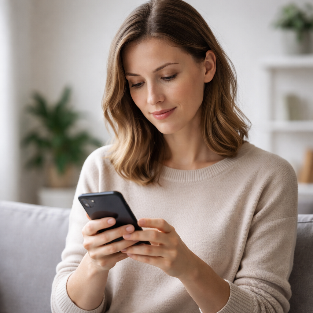 AlienComfort klant op bank met smartphone die via WhatsApp of chat contact opneemt over massagestoel